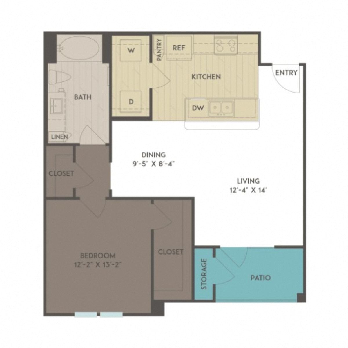 Floor plan for 1 bed, 1 bath, 797 sqft